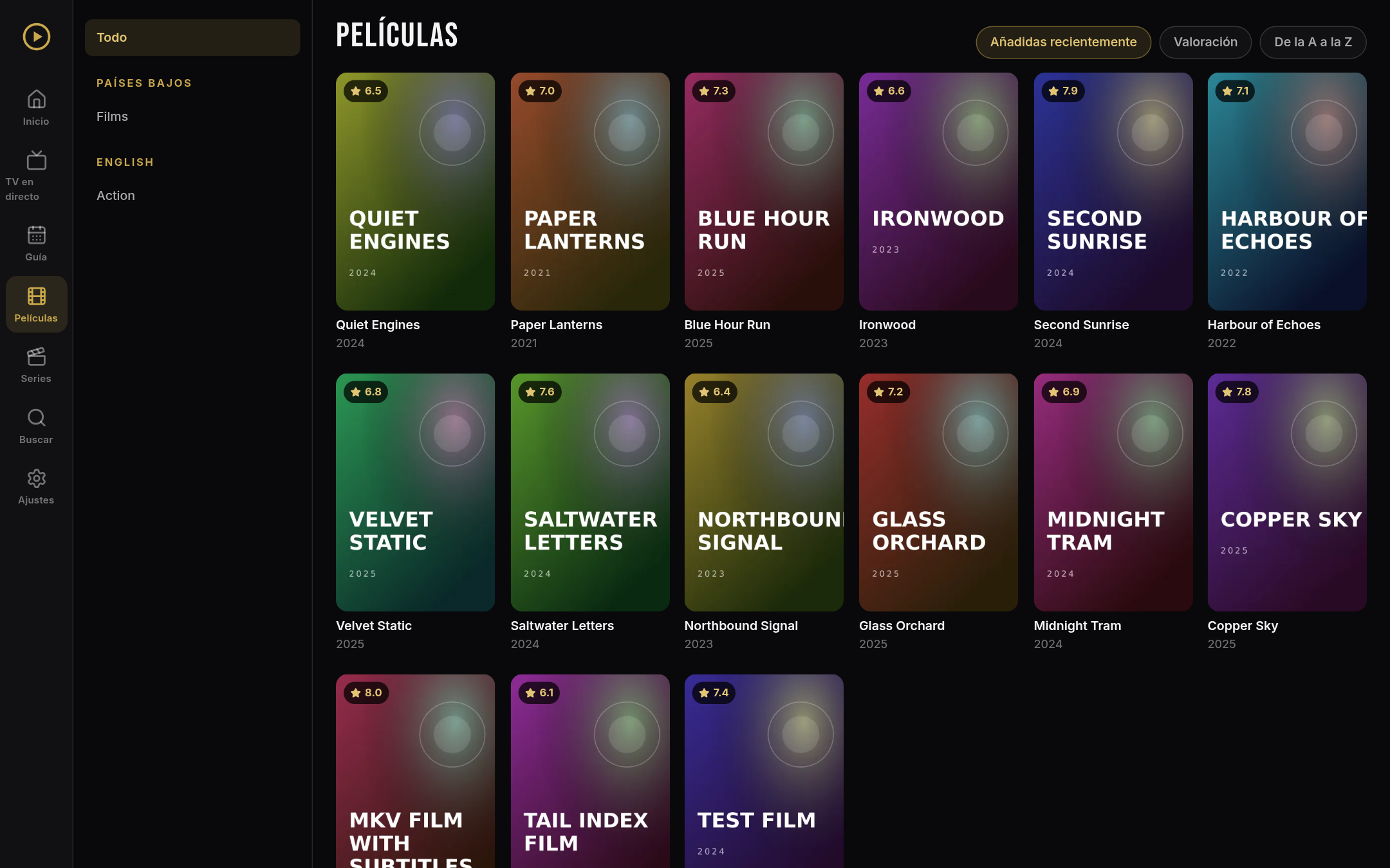 Biblioteca de películas de ORM Player con carteles y valoraciones (contenido de demostración)