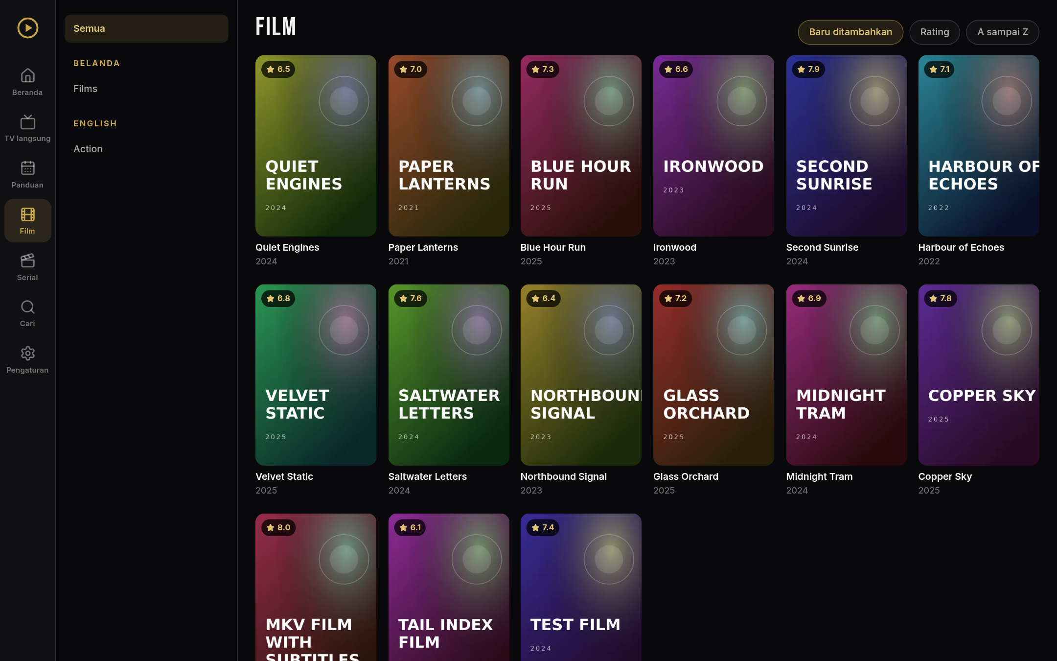 Pustaka film ORM Player dengan poster dan rating (konten demo)