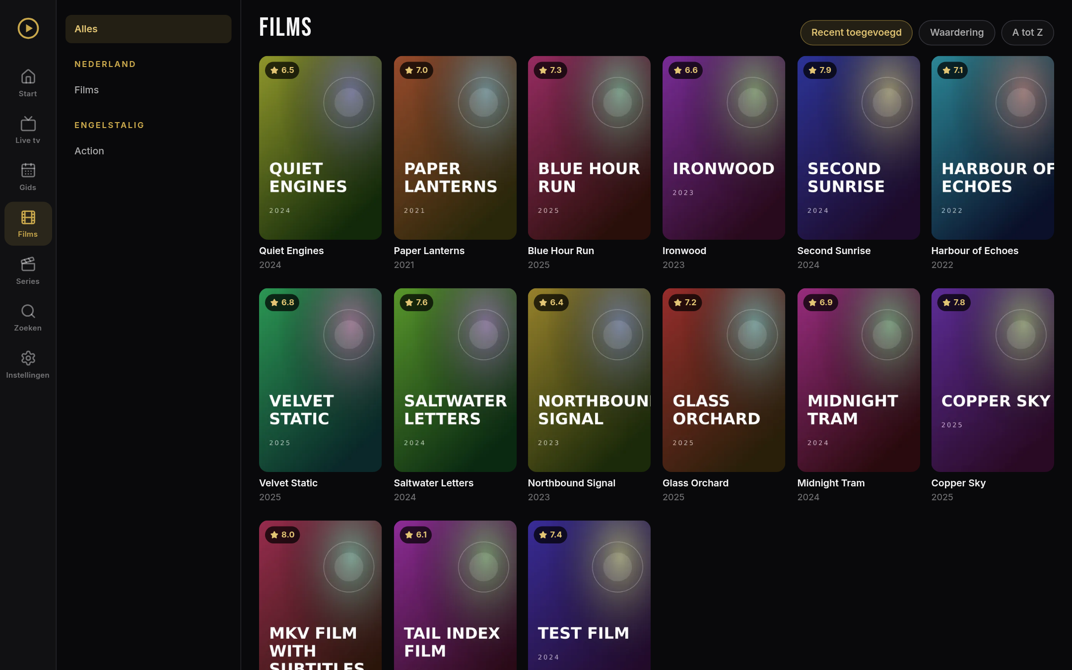 Filmbibliotheek van ORM Player met posters en waarderingen (demo-inhoud)