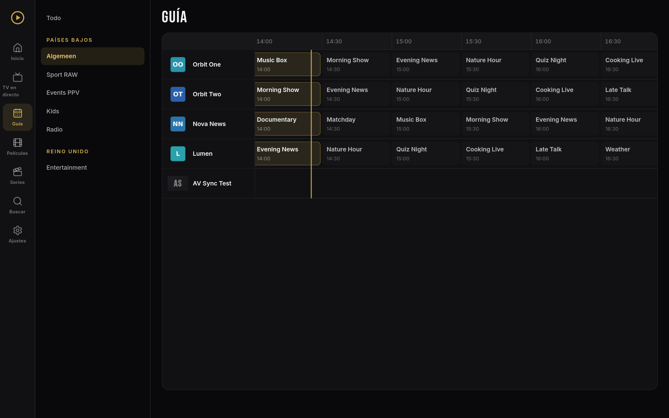 Guía de TV de ORM Player con línea de tiempo (contenido de demostración)