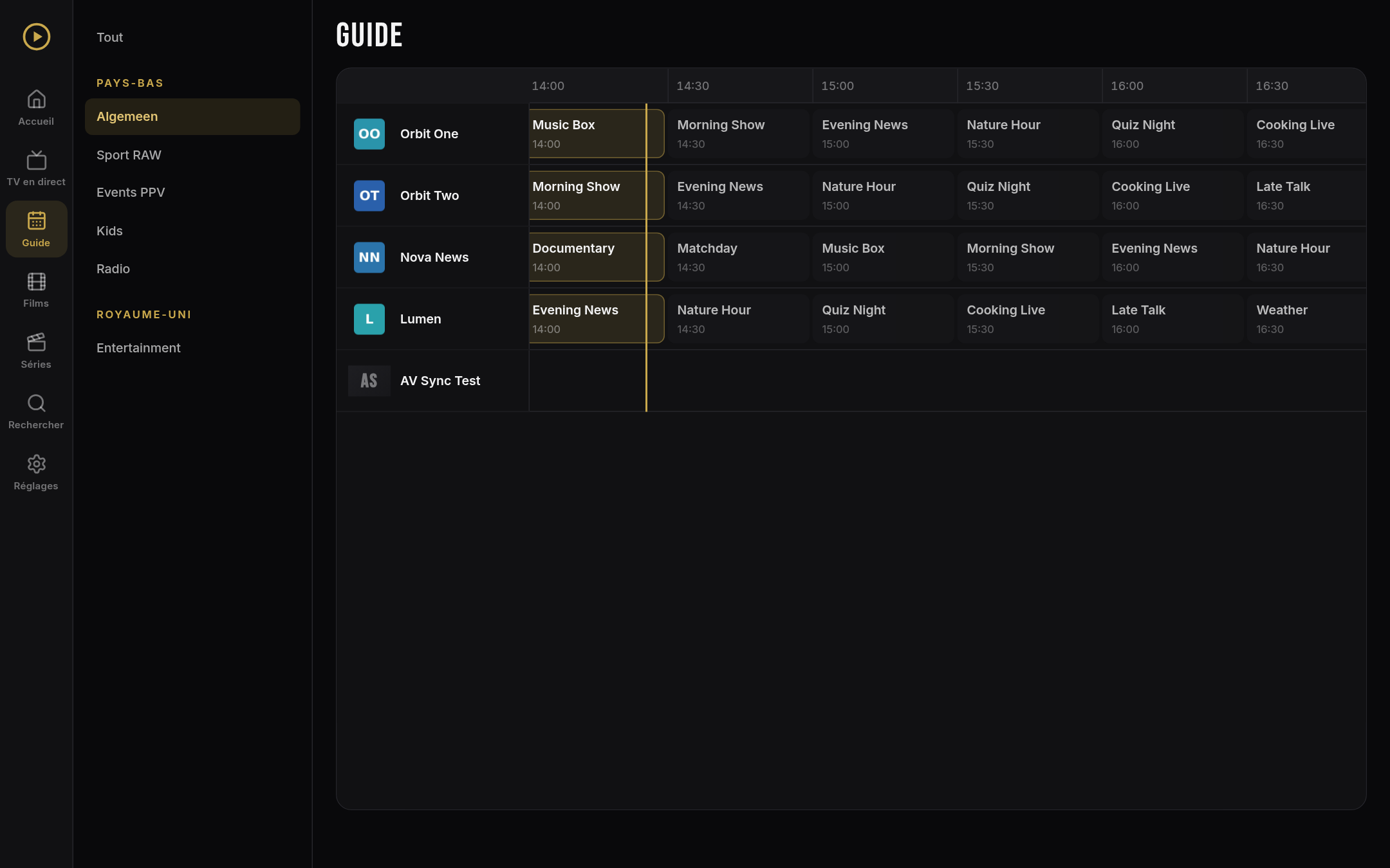 Guide TV d'ORM Player avec frise horaire (contenu de démonstration)