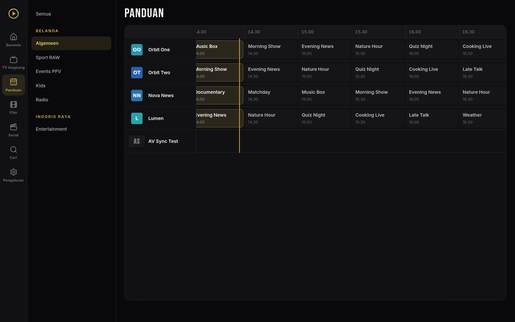 Panduan TV ORM Player dengan garis waktu (konten demo)