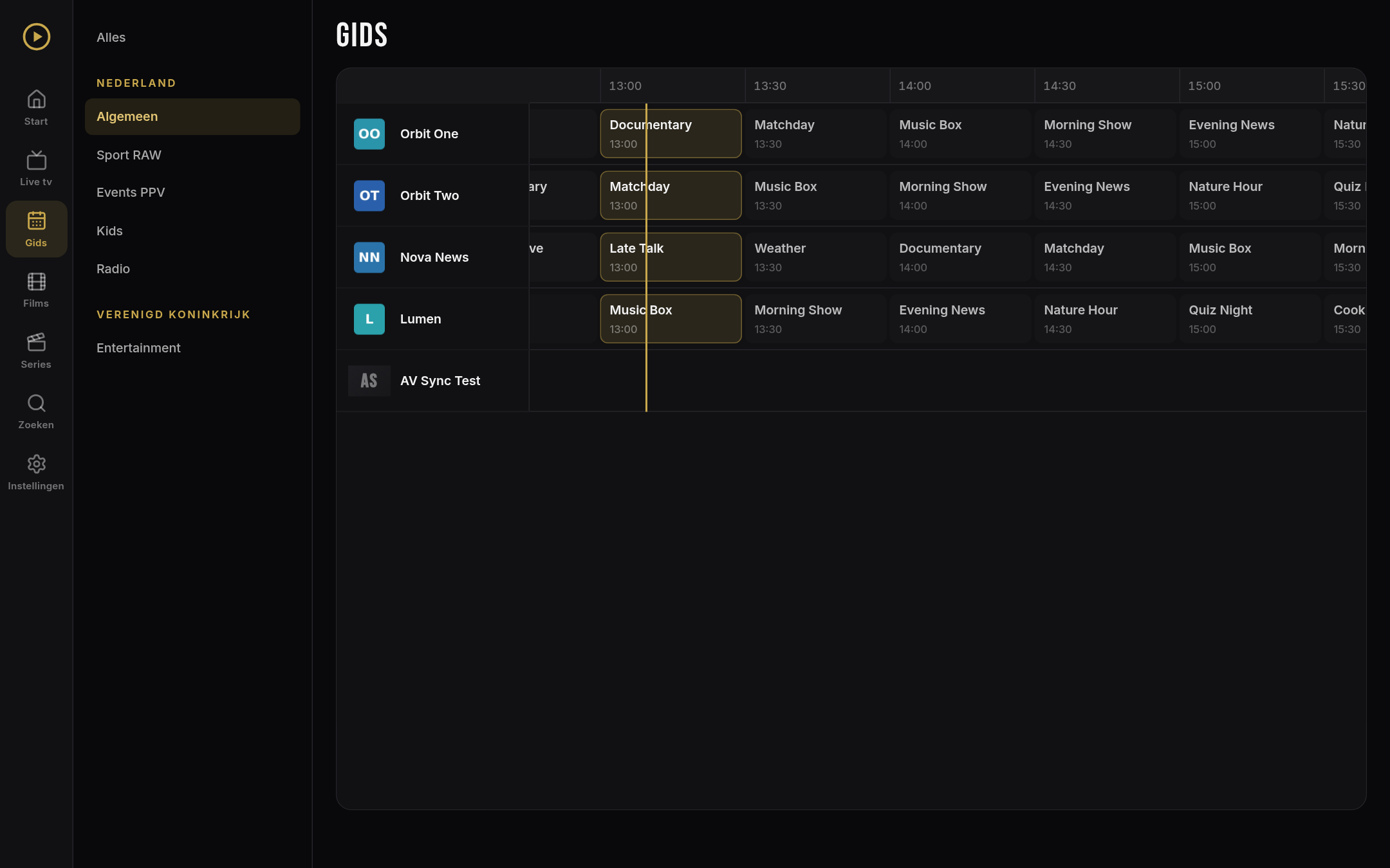 Tv-gids van ORM Player met tijdlijn (demo-inhoud)