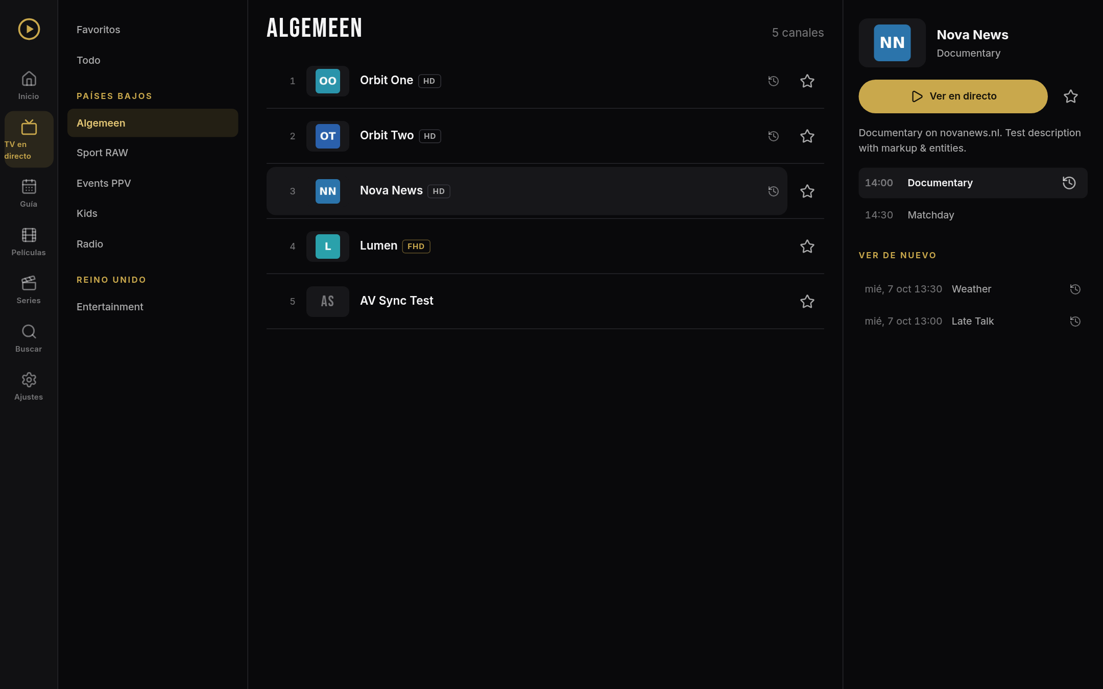 Pantalla de TV en directo de ORM Player con categorías, lista de canales y guía (contenido de demostración)